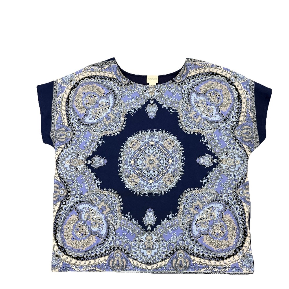 Chico's Women's Size Knit Top Paisley Blue Short Sleeve Size 1